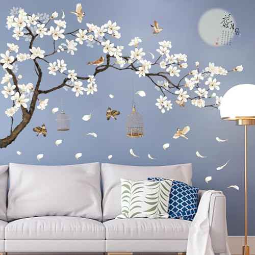 Large Chinese Style White Flowers Wall Stickers with Black Tree Flying Birds Wall Decals, Removable DIY Wall Art Decor Murals for Offices Living Room Bedroom Study Room Home Walls Decoration, 50x74in