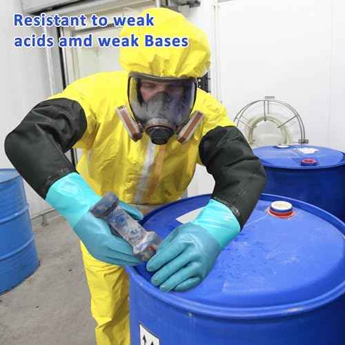 27" Chemical Resistant Gloves, Extra Long Elbow Length Rubber Glove with Cotton lining, Reusable Full Arm Pond Gloves for Dishwashing Cleaning Waterproof Resist Strong Acid, Alkali, Oil, XLL