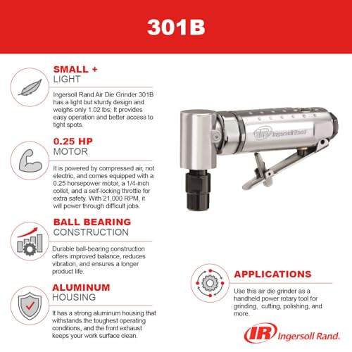 Ingersoll Rand 301B Air Die Grinder – 1/4", Right Angle, 21,000 RPM, Ball Bearing Construction, Safety Lock, Aluminum Housing, Lightweight Power Tool, Black