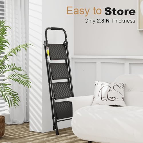 HBTower 4-Step Folding Ladder with Anti-Slip Pedals & Cushioned Handle for Home & Kitchen