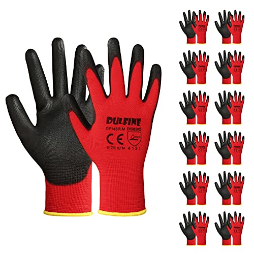 DULFINE Red Large Safety Work Gloves 12 Pairs PU Coated Breathable & Protective