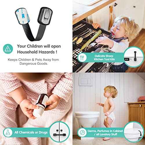 Baby Proof Cabinet Lock & Straps Latches Child Drawer Latches with 3M Adhesives Adjustable Non Drilling Safety Cabinet Locks Straps Baby Drawer Locks for Kids Baby Multi-Function 12 Pack (Black1)