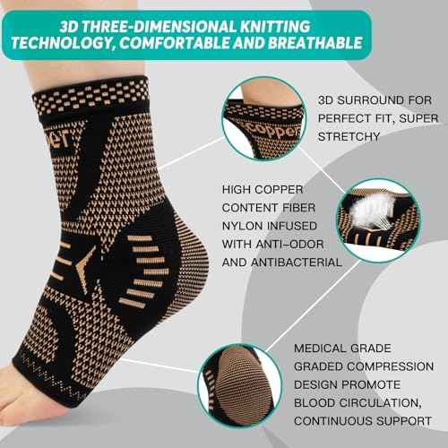 INDEEMAX Ankle Brace for Women & Men, Ankle Compression Sleeve Support Copper Infused Ankle Brace for Sprained Ankle, Plantar Fasciitis Sports, Achilles Tendonitis Pain Relief, Copper Black, M