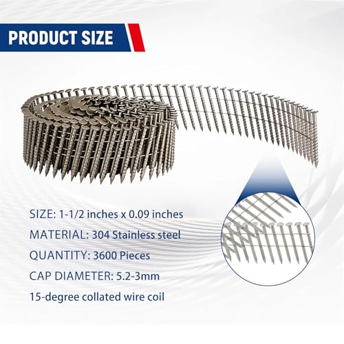 Waltyotur 3600 Count Stainless Steel Coil Nails 1-1/2 Inch x 0.09 Inch 15-Degree Ring Shank Collated Nails