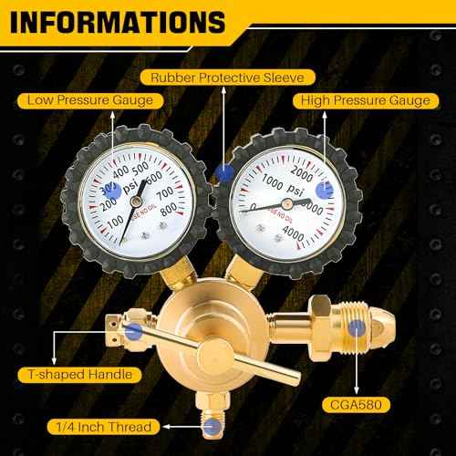 DASBET Nitrogen Gas Regulator with Double Gauges 0-800 PSI Delivery Pressure Range, 1/4" Male Outlet Connection and CGA580 Inlet Brass Connection for HVAC Purging