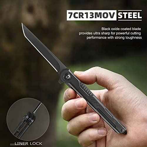 EDC Pocket Knife for Men, Tanto Folding Knives with Clip, Slim Gentleman's Knife with Glass Breaker, Flipper Open and Liner Lock for Outdoor Survival Camping Everyday Carry
