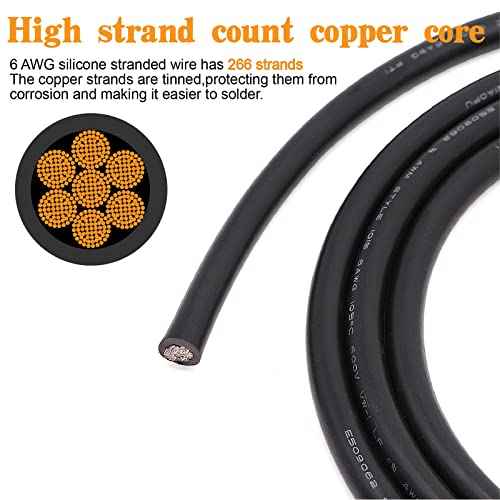 6 AWG Gauge UL1015 Wire Battery Power Tinned Oxygen Free Copper OFC Welding Cable Boat Inverter 6 1/2feet Black and 6-3/8inch Lugs Terminal Connectors with Heat Shrink Tube