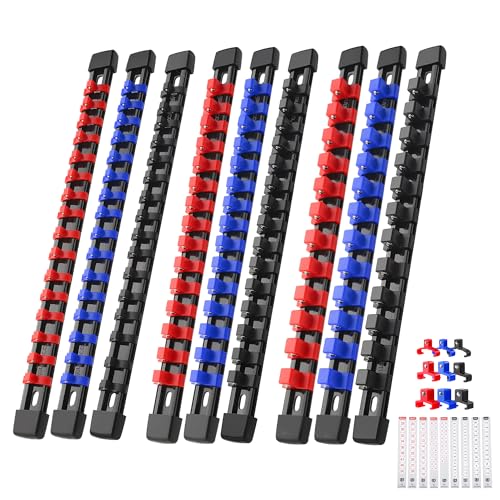 Reniteco 9-Pack Socket Organizer Set with Color-Coded Clips, 1/4" Drive - Blue, Red, Black