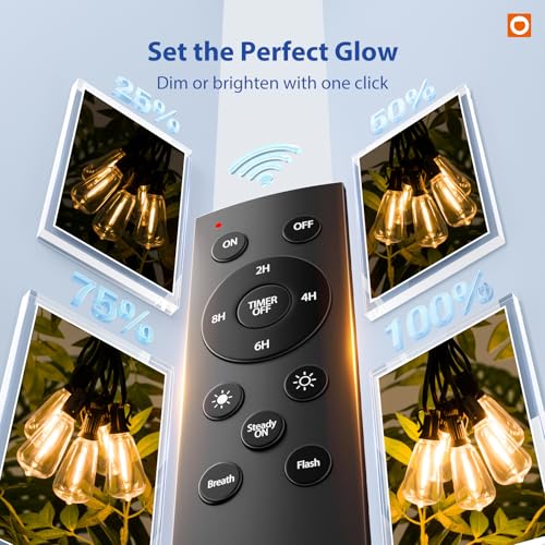 addlon 100FT Outdoor String Lights with 30 Sockets, Waterproof Dimmable LED with Remote