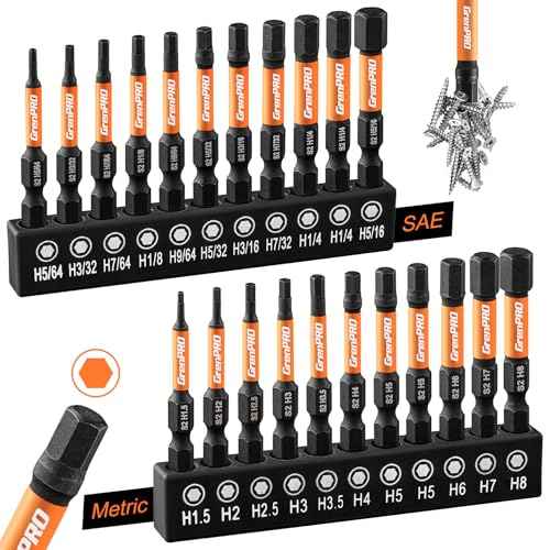 Allen Wrench Drill Bit Set 22pc Hex Bit Set, Impact Driver Bit Set, Screwdriver Bit Set, Allen Wrenches Sets, Allen Socket Set, 2" Long Metric&SAE 1/4" Hex Shank Magnetic Allen Key Drill Bits