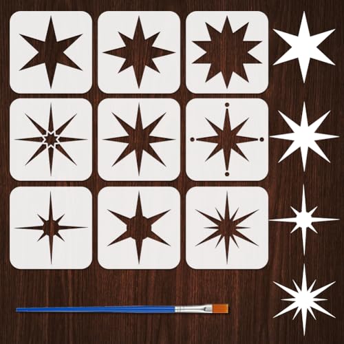 FINGERINSPIRE 9PCS Stars Stencils with 1Pc Plastic Paint Brush 5.9x5.9inch 9 Styles Star Burst Pattern Drawing Templates for Painting on Wood Canvas Fabric Wall Furniture