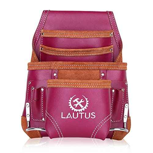 LAUTUS Oil Tanned Leather Tool Pouch Bag |Burgundy |Carpenter, Construction, Framers, Handyman | 10 Pockets, 2 Hammer Holders | 100% Leather