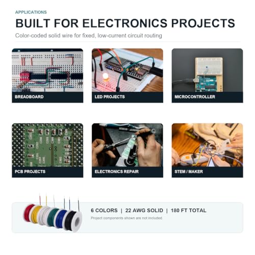 TUOFENG 22 AWG Solid Wire Kit - 6 Colors, 30ft Each, Electronics Wiring