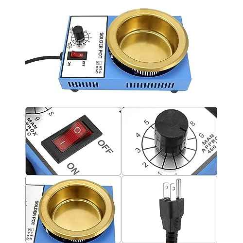 QWORK Solder Pot, 300W 110V, 100mm Soldering Bath Titanium Plate, Capacity 1500g 200-450¡Æc,Include Extra 100mm pot& Solder Paste Scraper for Welding and Soldering Bath