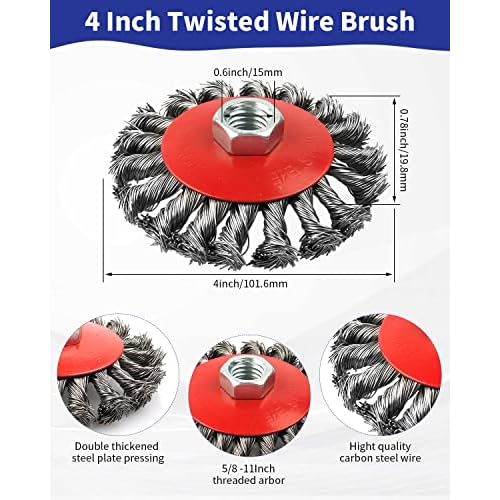 Rocaris 3 Pack Wire Wheel Cup Brush for Angle Grinders,3 & 4 Inch Twisted Knotted & Coarse Crimped Cup Brush,5/8-11 Inch Threaded Arbor for Rust, Corrosion
