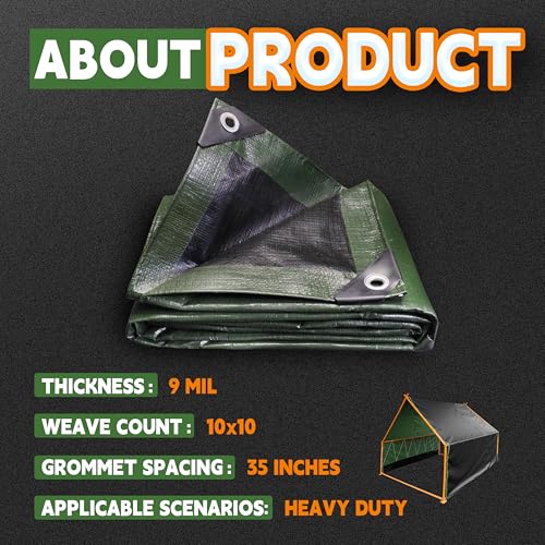 RAINDEWAY 8x10 Feet Waterproof Poly Tarp - Green/Black, 9Mil Heavy Duty Cover