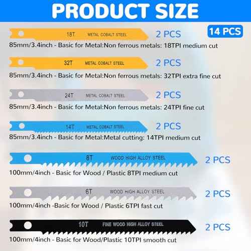 U-Shank Jig Saw Blade Set, 14 PCS Jigsaw Blades with Storage Case for Wood Plastic Metal Cutting Jigsaw Blades Set Fit Vast Majority U Shank Jigsaws(6T 8T 10T 14T 18T 24T 32T)
