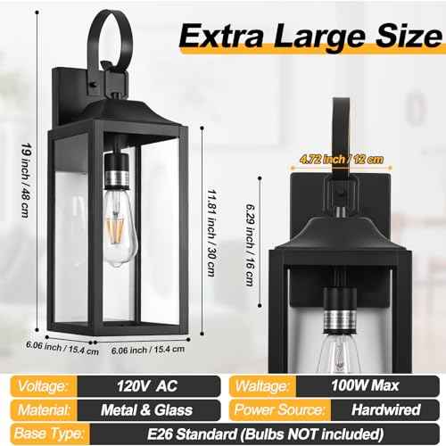 19" Large Outdoor Wall Lights for House, Black Outside Modern Wall Lantern Light Fixture, Outdoor Lights for House Waterproof Industrial Porch Light Wall Mount Sconce Exterior