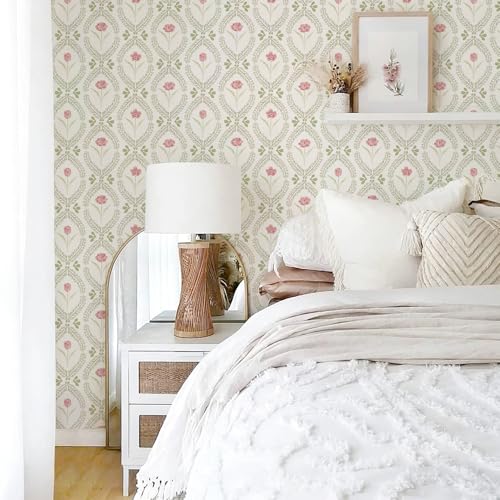 Orainege Floral Peel and Stick Wallpaper 16.9 x 118.1 inches - Green/Pink