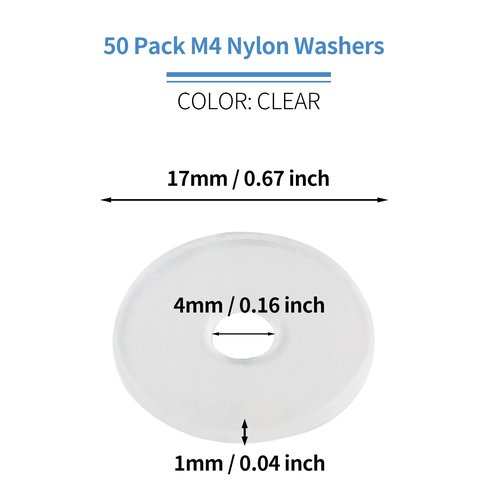 Qjaiune 50 Pack M4 Nylon Washers Clear Flat Washer, 4mm ID 17mm OD 1mm Thickness Faucet Plastic Gasket, Metric Transparent Gasket Sealing Washer Spacer Flat Hose Washer for Water Pipe Water Hose