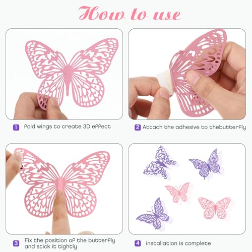 48Pcs Butterfly Wall Decor Set - 4 Styles, 3 Sizes in Purple & Pink, 3D Metal Wall Stickers for Party & Home