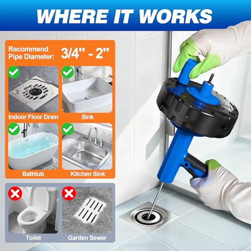 Drainsoon Blue 33Ft Auto-Feed Drain Auger Hair Clog Remover for Plumbing