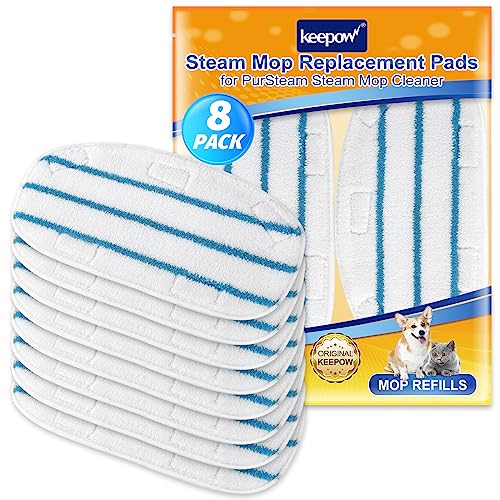KEEPOW White/Blue 8 Pack Steam Mop Pads for PurSteam ThermaPro 10-in-1 & 211 – Reusable Microfiber Replacement Pads