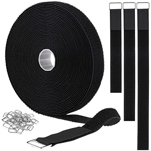 YMCRLUX 1in x 32ft Black Hook and Loop Straps with 50 Metal Buckles, Adjustable Cable Tie Cord