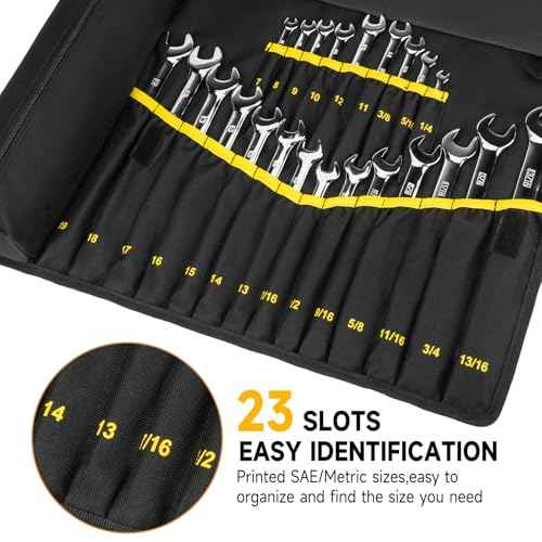 Wrench Roll Organizer,Wrench Roll Up Pouch with 23+1 Pockets,Heavy Duty Tool Roll for Metric & SAE Wrenches,Large Wrench Holder Organizer Bag for Men,Mechanics(Black)