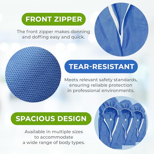 AMZ Medical Supply Blue Disposable Coveralls with Hood, Medium Size. Pack of 5 Hazmat Suits Disposable with Front Zip, Elastic Wrists & Ankles. 50 GSM SMS Painters Coveralls. Waterproof Paint Suit
