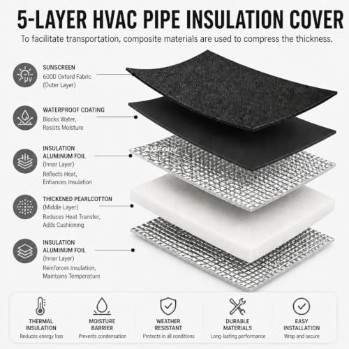 Black 5-Layer HVAC Pipe Insulation Cover 78.7x10in Weatherproof Wrap