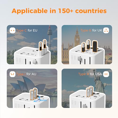 TESSAN Universal Travel Power Adapter Grey-20W International Plug with USB-C & USB Ports