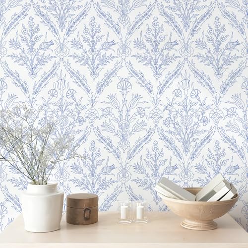 Vintage Peel and Stick Wallpaper Blue Floral Wallpaper 16.9inchx118.1inch Boho Blue and White Contact Paper Flower Leaf Self Adhesive Removable Wall Paper for Bedroom Bathroom Wall Decor