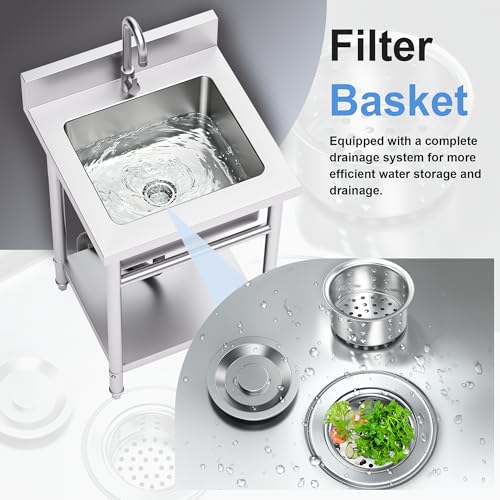 19in Stainless Steel Utility Sink with Hot & Cold Water Pipes - Free Standing Kitchen & Laundry