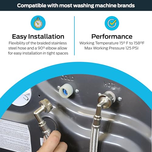 Eastman 5 ft Washing Machine Hose Connectors with Elbows - 2 Pack, 3/4 in FHT x 3/4 in FHT, Braided Stainless Steel