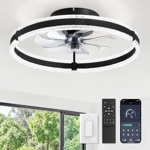 LEDIARY 20-Inch Black Ceiling Fan with Lights, Remote & 6 Speeds - Modern Flush Mount Fan for Bedroom