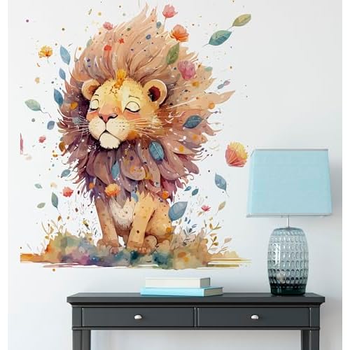 Watercolor Splash Lion Wall Stickers, Lovely Grassland Animals Wall Decals,Vinyl Waterproof Peel Removable Wall Decor for Nursery Kids Baby Room Bathroom Preschool Playroom Classroom