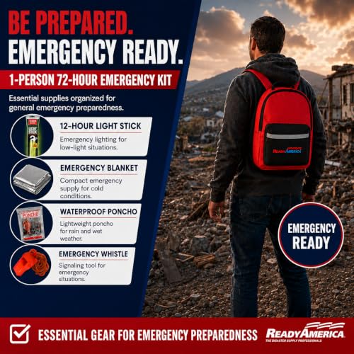 Ready America 72 Hour Emergency Kit for 1 Person Backpack with First Aid, Food, Water, Shelter — Disaster Preparedness Go-Bag
