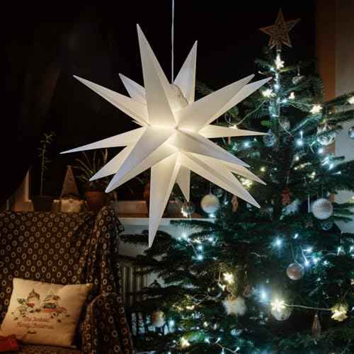 Leejec 22" Moravian Star Light, Easy Assembly, Christmas Decorations, Indoor& Outdoor Hanging, Advent Star, Warm White LED Porch Light with Timer, Wedding & Home Decor