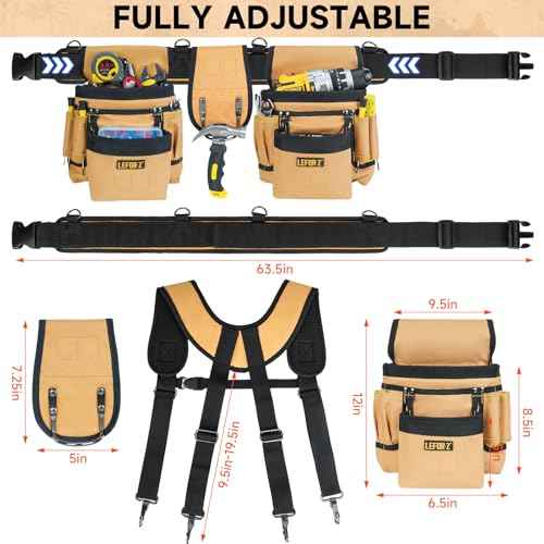 Tool Belt with Suspenders,27-Pockets Heavy Duty Tool Belts for Men with Magnetic Tool Pouch,Detachable & Adjustable Work Belt Bag for Electrician,Carpenter,Construction,Utility Toolbelt,Black,Brown