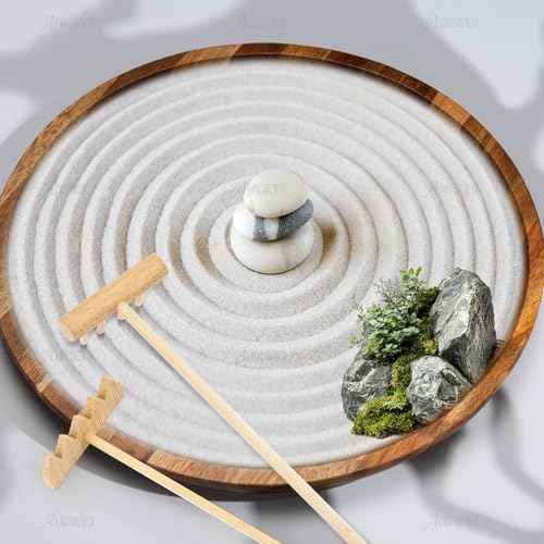 AUEAR, Set of 3 Mini Zen Sand Rakes Bamboo Rock Garden Tray Rake Tools for Home Office Table
