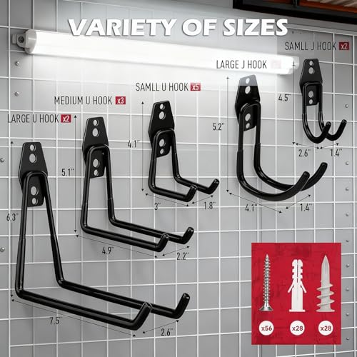 20 Pack Heavy Duty Garage Storage Hooks with Extension Cord Organizer, Solid Steel Wall Mount Hook Set with Anti-Slip Coating Utility J Hooks for Ladders,Bikes,Ropes,Broom,Garden,Yard and Power Tools