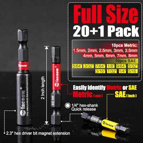 Hex Bit Set, S2 Alloy Steel Allen Wrench Drill Bit Set with Magnetic Tips, 1/4 Hex-Shank 2" Impact Allen Key Bits Set with 2.3" Hex Extension, Precision CNC Machining, 20+1 Pack(Metric&SAE)