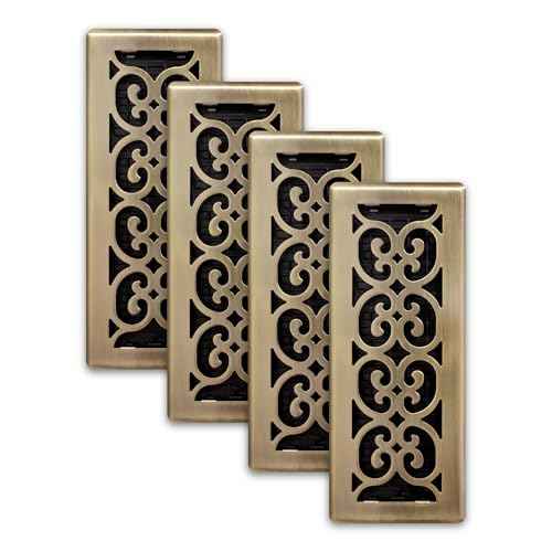 Decor Grates (4-Pack) SPH412-A Scroll Design Floor Register, 4x12 Inches, Antique Brass Finish