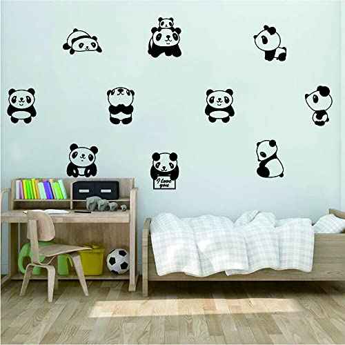10 pcs Cute Small Panda Wall Decal Sticker Nordic Style Cute Animal Vinyl Wall Stickers for Kids Room Baby Room Nursery Wall Decor Effect Size 34"x64"inch (black-JWH265-Panda)