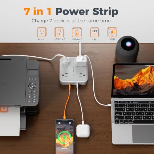 TESSAN 5 Ft Flat Power Strip with Surge Protector, 2 USB-C Ports & 7 Outlets
