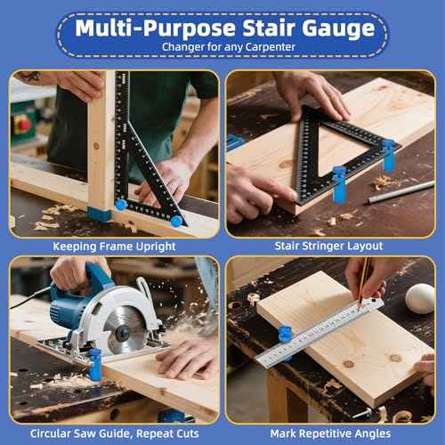 Precision Stair Gauges for Framing Square, Premium stair gauge Layout Tool with Carabiner & Holder, Metal Framing Square Stops for Circular Saw/Stair Stringer/Rafter Layout, Framing Jip for Carpentry