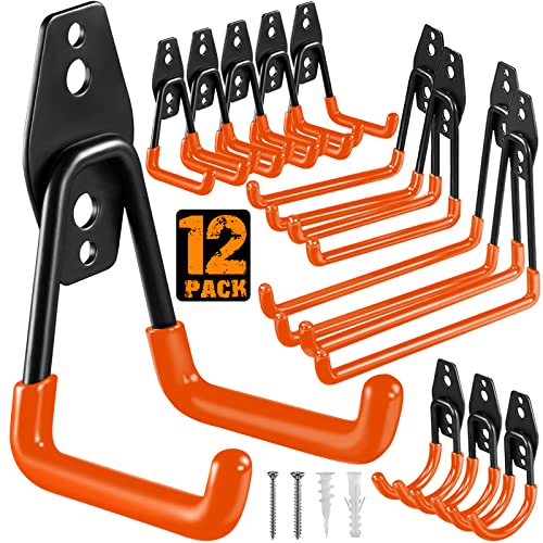 12 Pack Garage Hooks Heavy Duty Utility Steel with Anti-Slip Coating Wall Mount Storage Organizer for Hanging Power and Garden Tools, Ladders, Hose, Bikes, Ropes, Bulk Items, and More