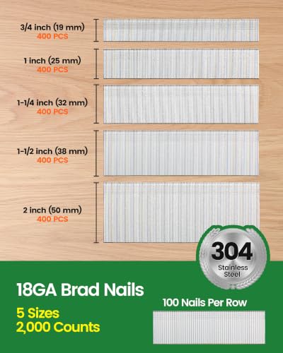 Meite Assorted 5 Sizes Stainless Steel Brad Nails (2000 pcs) for Finish Nail Gun - Indoor & Outdoor Use