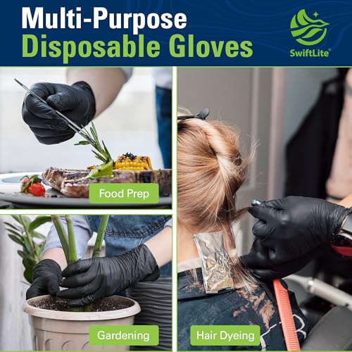 SWIFTLITE Black Nitrile Disposable Gloves Large 100 - Food Safe, Latex-Free